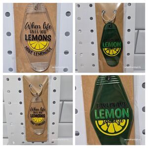Set of 2 Lemon Motel Keychains Retro Acrylic Yellow Green Bag Charms Keyrings